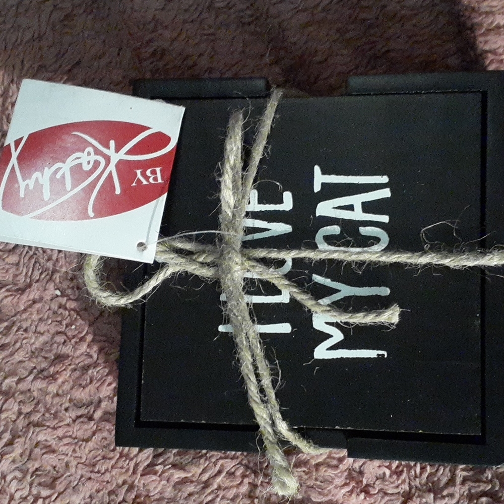 Brand New By Kathy Cat Wooden Coaster Set- 4 CT